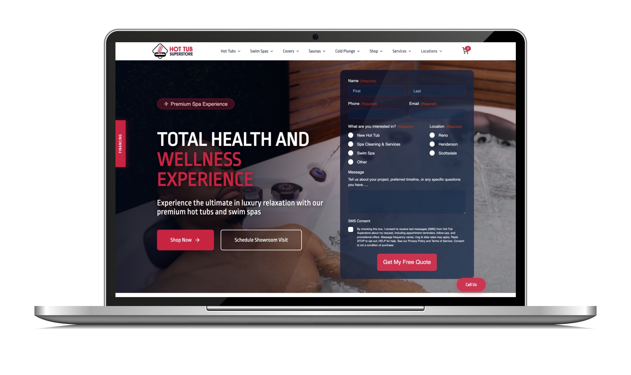 Laptop showing a hot tub retailer homepage, with a wellness headline over a hot tub photo beside a quote request form