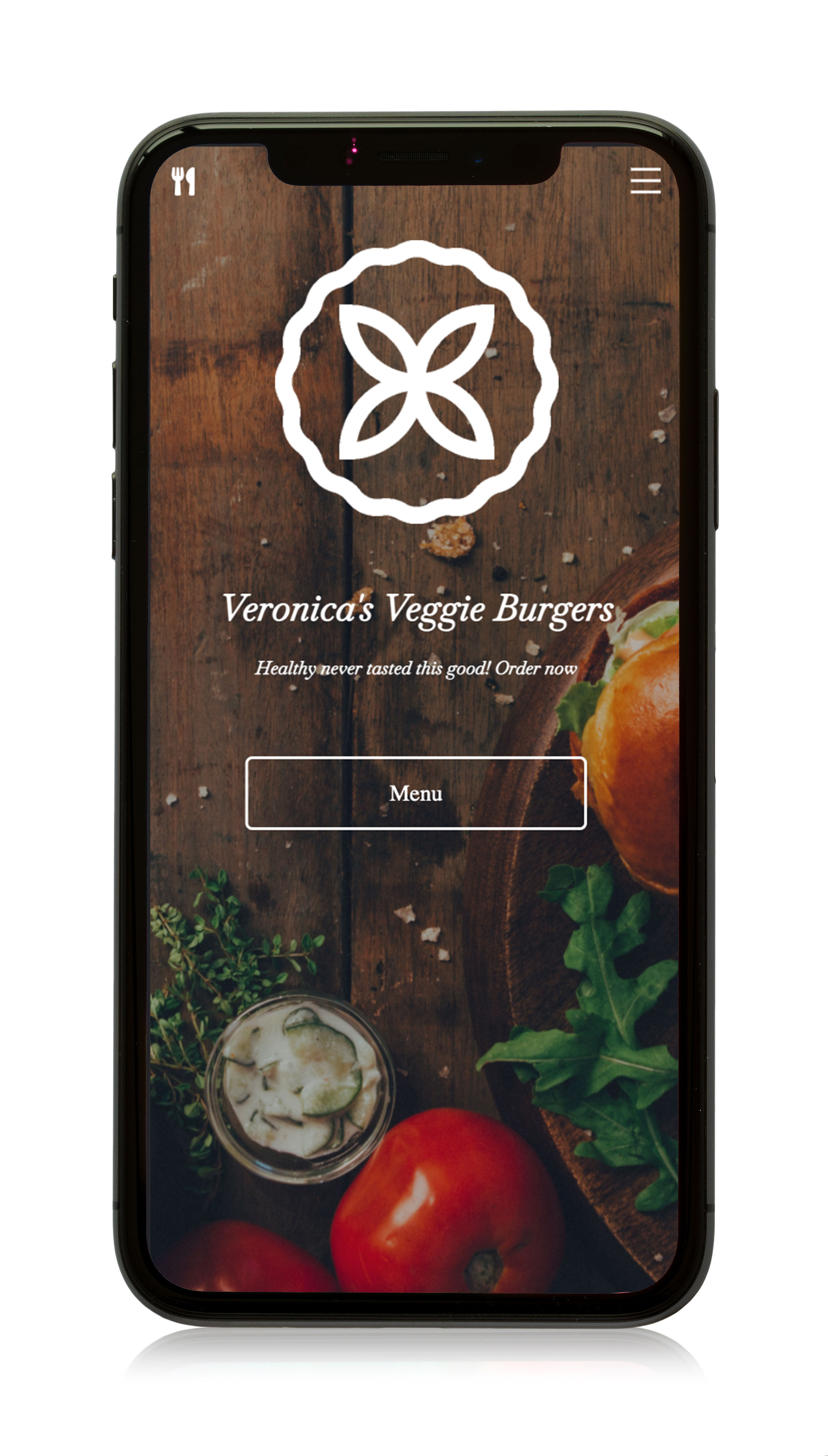 Image of website of a restaurant, showing veggie burger from top view