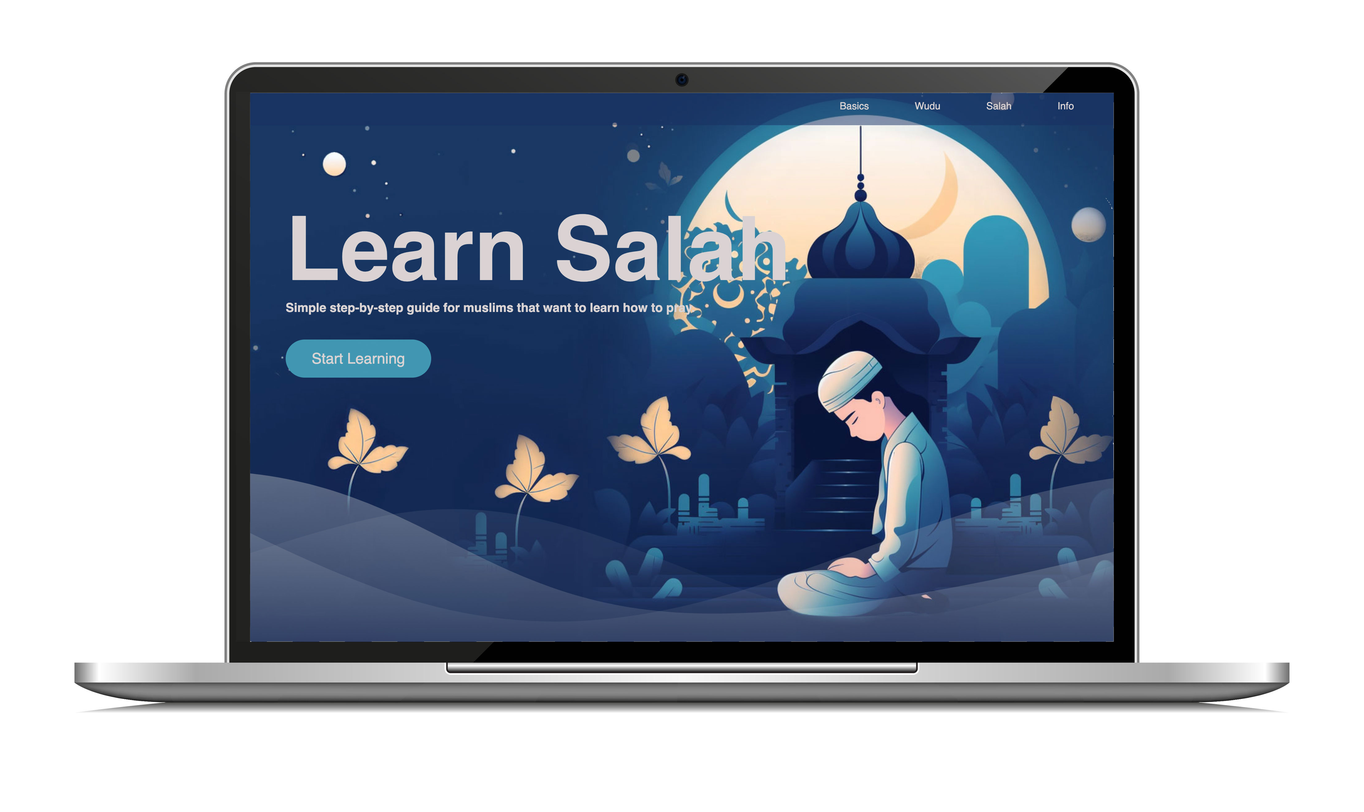 Illustration of person kneeling for prayer, with blue night background of a building designed like a mosque